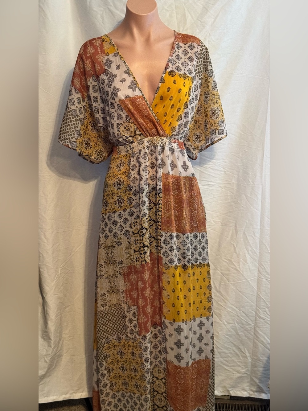 Beautiful Sheer Boho Patchwork Print Yellow & Rust Maxi Dress - Women's M